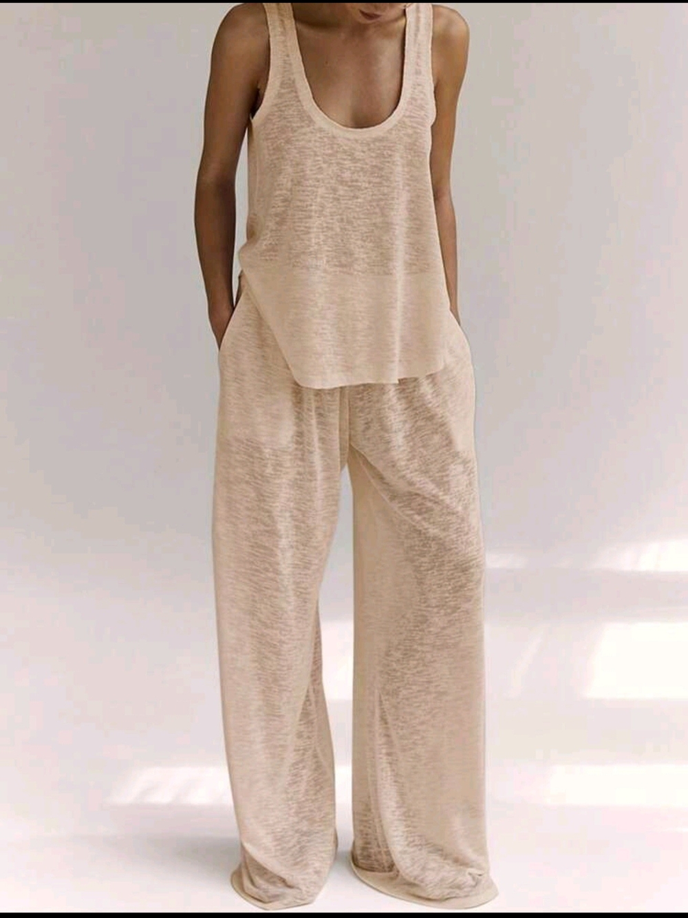 SHEIN Beige Wide Leg Linen-Feel Pants with Tank Set